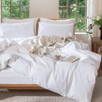 MooMee Bedding Duvet Cover Set 100% Washed Cotton Linen Like Textured Breathable Durable Soft Comfy (Solid Bright White, Super King Plus 120"x120")
