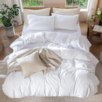 MooMee Bedding Duvet Cover Set 100% Washed Cotton Linen Like Textured Breathable Durable Soft Comfy (Solid Bright White, Full 80"x90")