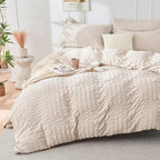 HYMOKEGE Beige California King Comforter Set Seersucker 7 Pieces, All Season Luxury Bed in a Bag for Bedroom, Bedding Set with Comforters, Sheets, Pillowcases & Shams