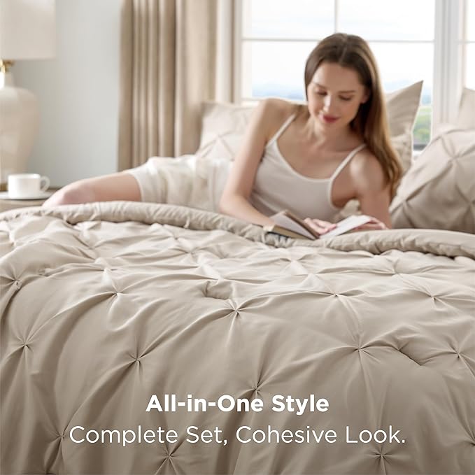 Bedsure California King Comforter Set Beige - Bed in a Bag Cal King Bedding Set 7 Pieces, GentleSoft™ Pintuck Bed Set Gift for Family, Pinch Pleat Beige Comforter with Sheets, Pillowcases & Shams
