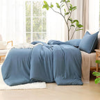 Litanika Oversized King Comforter Set Grayish Blue Super King Plus Size, 3 Pieces Lightweight Solid Bedding Comforter Set, All Season Fluffy Bed Set (128x120In Comforter & 2 Pillowcases)