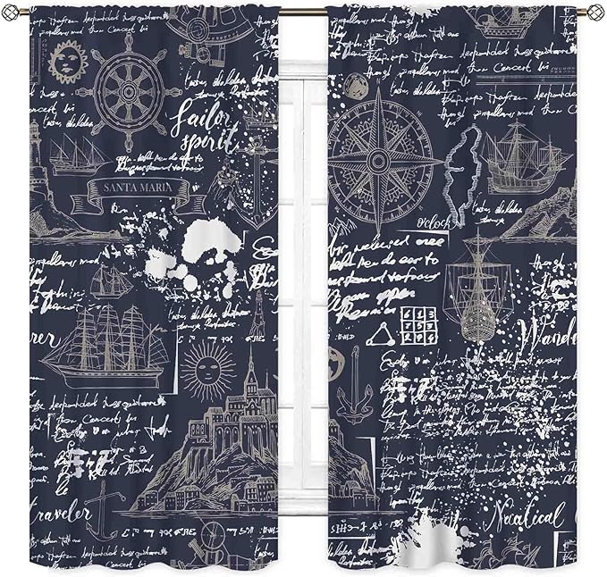Vintage Nautical Curtains, Marine Coastal Sailboat Compass Anchor Ocean Beach Old Pirate Map Navy Blue Blackout Retro Drapes for Bedroom Living Room Kitchen Bathroom Window 2 Panels, 63"x63" Inch