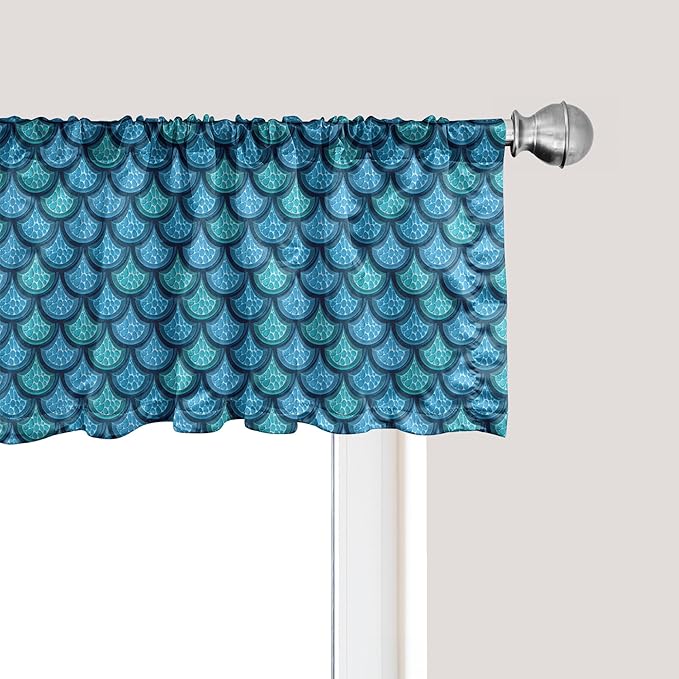 Ambesonne Fish Scale Window Valance, Nautical Design Realistic Graphic Water Drops on Half Circles Print, Curtain Valance for Kitchen Bedroom Decor with Rod Pocket, 42" x 12", Blue and Turquoise