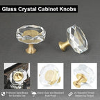QOGRISUN 10-Pack Brass Crystal Cabinet Knobs,Glass Crystal Gold Drawer Knobs,1-1/4-Inch Polygon,Decorative Dresser Pulls, Modern Cabinet Hardware