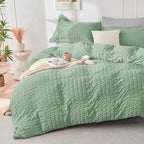 HYMOKEGE Sage Green/Light Grey Full Size Comforter Sets Seersucker 7 Pieces, All Season Luxury Bed in a Bag for Bedroom, Bedding Set with Comforter, Sheets, Pillowcases & Shams