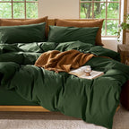 MooMee Bedding Duvet Cover Set 100% Washed Cotton Linen Like Textured Breathable Durable Soft Comfy (Solid Forest Green, Alaska King 132"x120")