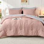 HYMOKEGE Rose Gold/Light Grey Twin Comforter Set Seersucker 5 Pieces, All Season Luxury Bed in a Bag for Bedroom, Bedding Set with Comforter, Sheets, Pillowcase & Sham