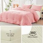 HYMOKEGE Pink/Ivory Full Size Comforter Sets Seersucker 7 Pieces, All Season Luxury Bed in a Bag for Bedroom, Bedding Set with Comforter, Sheets, Pillowcases & Shams