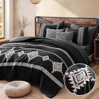 MaiRêve Embroidery California King Size Comforter Set Charcoal Black, Boho Farmhouse Western Bedding Set 7 Pieces, All Season Bed in A Bag Comforter Set with Sheets, Pillowcases & Shams