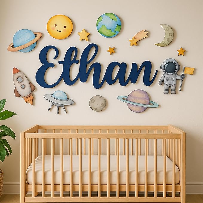 Custom Nursery Name Sign with Themed Decor Kit | Personalized Wooden Wall Art for Baby, Kids Room | Space, Jungle, Circus, Under the Sea, Woodland, Rainbow (60", Space)