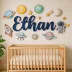 Custom Nursery Name Sign with Themed Decor Kit | Personalized Wooden Wall Art for Baby, Kids Room | Space, Jungle, Circus, Under the Sea, Woodland, Rainbow (10", Space)