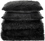 Queen Luxury Faux Fur Comforter Set - Soft & Breathable 7-Piece Bedding Collection - 1 Comforter, 1 Fitted Sheet, 1 Flat, 2 Pillowcases, 2 Pillow Shams - Deep Pocket - Premium Quality, Black