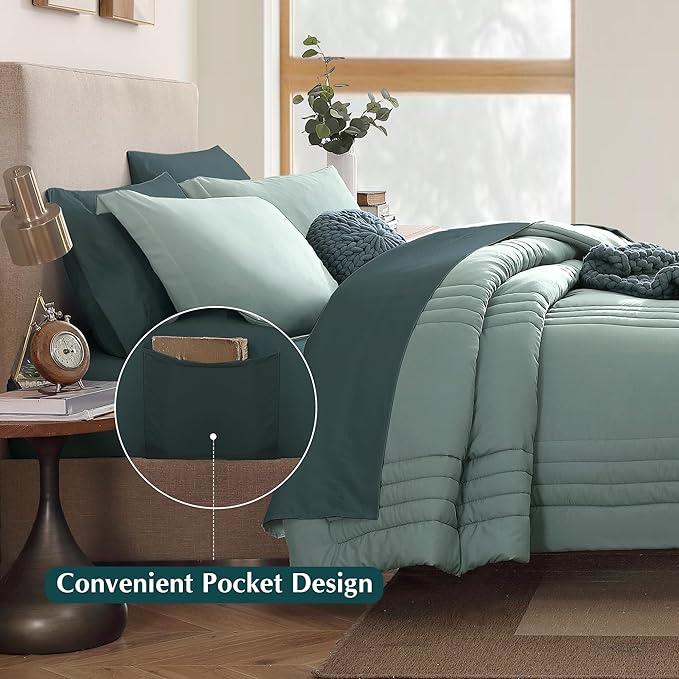 Monbix Full Size Comforter Set - 7 Pieces Sage Green Bed in a Bag Full Size Bedding Sets with Comforters, All Seasons Comforter with Sheets,Pillowcases & Shams