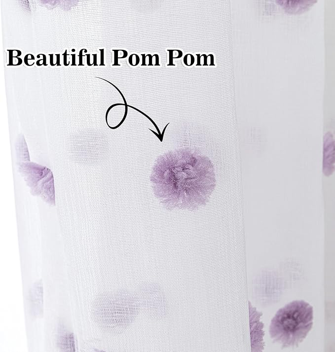 MYSKY HOME Short Curtains for Girls Bedroom Purple Pom Pom White Semi Sheer Curtains Kitchen Bathroom 54 Inches Long Curtains Nursery Boys Kids Room Rod Pocket 2 Panels Small Window 52" x 54"