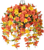 Artificial Fake Fall Hanging Flowers Plants Baskets for Outdoor Decoration, 5Pcs Faux Silk Hibiscus Long Vines in Planter Look Real for Outside Home Porch Patio Garden (YellowOrange)