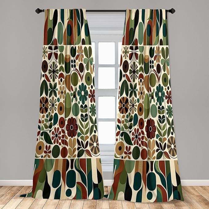 Ambesonne Scandinavian Window Curtains, Abstract Geometric Art of Leaves and Flowers with Bohemian Feel, Lightweight Decor 2-Panel Set with Rod Pocket, Pair of - 28" x 84", Olive Green Redwood Beige