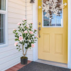 GOFLAME 3FT Artificial Camellia Tree, 2 Pack Faux Camellia Plant with Pink Flowers, Solid Wood Trunk, Realistic Moss, Greenery Potted Decoration Tree for Indoor Outdoor Home Porch Front Door