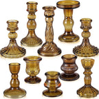 Mumufy 10 Pcs Glass Crystal Taper Candle Holders Clear Glass Candlestick Holder Fit 0.8 Inch Candles Crystal Decorative Candle Stand Centerpiece Table Wedding Dining Party (Classic,Brown)
