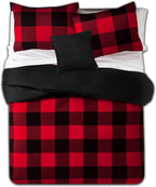 7 Piece Comforter Set Bag Solid Color All Season Soft Down Alternative Blanket & Luxurious Microfiber Bed Sheets, Queen, Buffalo Plaid Burgundy/Black