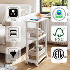 TUTOTAK Small Narrow Side Table with Charging Station, Skinny End Table for Small Spaces, Slim Nightstand with USB Ports and Outlet, Sofa Beside Table with Wheels, White TB01BW046
