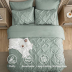 Bedsure Oversized Queen Comforter Set Sage Green - Bed in a Bag Bedding Set 7 Pieces, GentleSoft™ Pintuck Bed Set Gift for Family, Pinch Pleat All Season Comforter with Sheets, Pillowcases & Shams