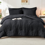 HYMOKEGE Black California King Comforter Set Seersucker 7 Pieces, All Season Luxury Bed in a Bag for Bedroom, Bedding Set with Comforters, Sheets, Pillowcases & Shams