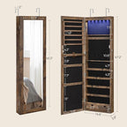 SONGMICS 6 LEDs Mirror Jewelry Cabinet, 47.2-Inch Tall Lockable Wall or Door Mounted Jewelry Armoire Organizer with Mirror, 2 Drawers, Christmas Gift, 3.9 x 14.6 x 47.2 Inches, Rustic Brown