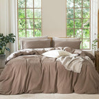 MooMee Bedding Duvet Cover Set 100% Washed Cotton Linen Like Textured Breathable Durable Soft Comfy (Solid Brown, Alaska King 132"x120")