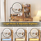 Makeup Vanity Desk with Round Mirror and Lights, Vanity Makeup Table with 2 Drawers, Small Vanity Table for Bedroom with Lots Storage (Brown with Charging, 15.75 * 31.5 * 53.6in)