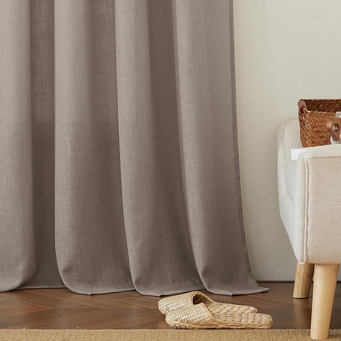 RYB HOME Privacy Sheer Curtains - Dual Rod Pocket Semi Sheer Drapes for Living Room, Linen Semi-Translucent Curtains for Bedroom, Birch Brown, 52 Wide x 63 inches Long, 1 Pair