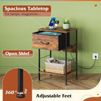 WLIVE Night Stand with Charging Station, Small Nightstand with Fabric Drawer and Open Shelf, 25" H Bedside Table for Bedroom, 2-Tier Storage End Tables, Dresser for Dorm, Entryway, Rustic Brown