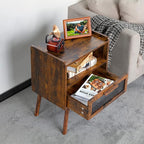 Lerliuo Rattan Nightstands Set of 2, Boho Side Table with Drawer Open Shelf, Cane Accent Bedside End Table with Solid Wood Legs for Bedroom, Dorm and Small Spaces (Brown)