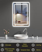 LED Mirror for Bathroom, 20x28 Inch Lighted Mirrors for Bathroom Wall with Unbreakable Tempered Glass, 3 Colors Stepless Dimmable, Super Bright 2 Front Lights + Backlit, Anti-Fog, Memory Function