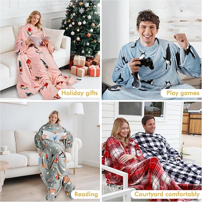 Catalonia Wearable Fleece Blanket with Sleeves and Foot Pockets for Adult Women Men, Micro Plush Comfy Wrap Sleeved Throw Blanket Robe Large, Green, St. Patrick Gift
