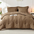 HYMOKEGE Brown Twin XL Comforter Set Seersucker 5 Pieces, All Season Luxury Bed in a Bag for Bedroom, Bedding Set with Comforter, Sheets, Pillowcase & Sham