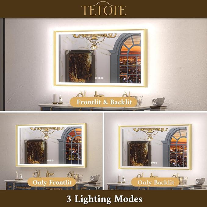 TETOTE 84x36 LED Bathroom Mirror with Lights Gold Frame Frontlit & Backlit Lighted Vanity Mirror Baroque Anti Fog Dimmable White/Warm/Natural,CRI90+,Waterproof,Wall Mounted(Horizontal/Vertical)