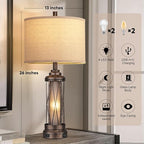 Qimh Farmhouse Table Lamps for Living Room, Rustic Nightstand Lamp for Bedroom with USB A+C Charging Ports, Frosted Glass Bedside Lamp with Night Light for Entryway End Table, 4 Bulbs Included, Bronze