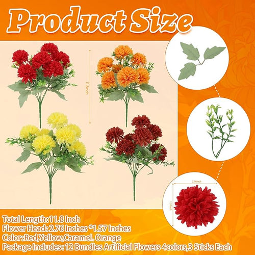12 Pack with 84 Flower Heads Artificial Chrysanthemum Flowers, Fall Floral Decor for Indoor Outdoor, Porch, Patio, Front Yard, Planters, Thanksgiving