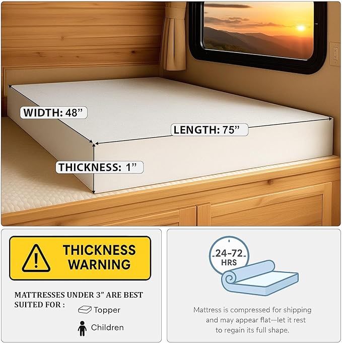 Foamma 1” x 48” x 75” Truck, Camper, RV High-Density Bunk Mattress Foam Replacement, Made in USA, Comfortable, Travel Trailer, CertiPUR-US Certified, Cover Not Included