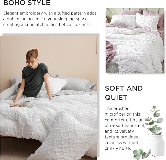 Bedsure Queen Comforter Set - Lavender Comforter, Boho Tufted Shabby Chic Bedding for Kids, 3 Pieces Vintage Farmhouse Bed Set for All Seasons, Fluffy Soft Bedding with 2 Pillow Shams