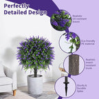 27.2" Artificial Lavender Topiary Set of 2 with Spike, Fake Plants Boxwood Balls Greenery Shrubs , Uv Resistant Artificial Push in Flowers Bushes for Outdoor Front Porch Decor, Home Faux Plants Indoor