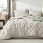 Bedsure Queen Comforter Set Linen - Bed in a Bag Queen Size Bedding 7 Pieces, GentleSoft™ Pintuck Bed Set Gift for Family, Pinch Pleat All Season Comforter with Sheets, Pillowcases & Shams
