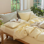 MooMee Bedding Duvet Cover Set 100% Washed Cotton Linen Like Textured Breathable Durable Soft Comfy (Heathered Butter Yellow, Super King 108"x98")