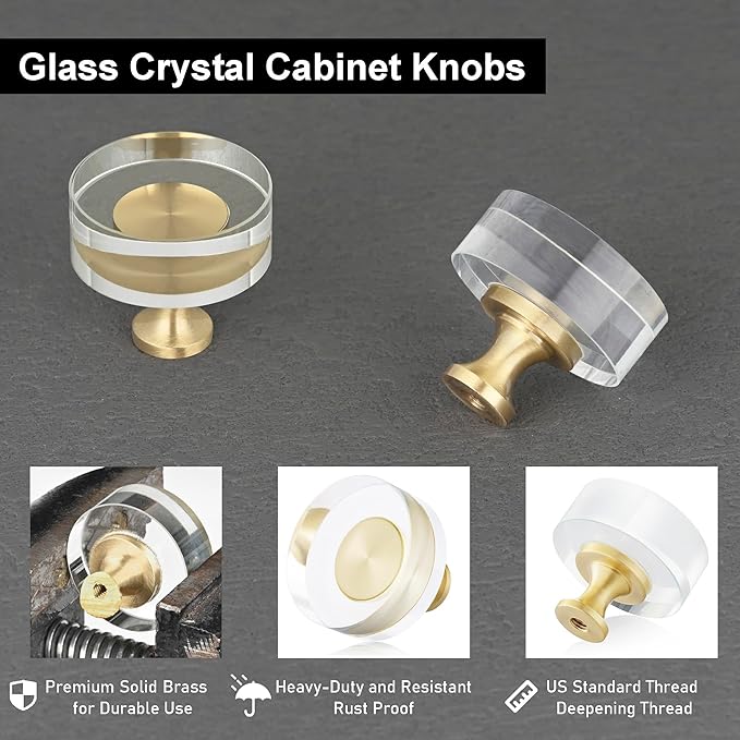 QOGRISUN 20-Pack Brass Crystal Cabinet Knobs,Glass Crystal Gold Drawer Knobs,1-1/4-Inch Round, Decorative Dresser Pulls, Modern Cabinet Hardware