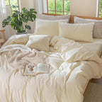 MooMee Bedding Duvet Cover Set 100% Washed Cotton Linen Like Textured Breathable Durable Soft Comfy (Solid Cream White, Queen 90"x90")