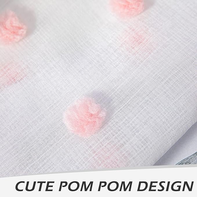 MYSKY HOME 95 Inch Pom Pom Sheer Curtains for Living Room and Bedroom - Baby Pink, White, Blush - Rod Pocket Window Backdrops for Large Sliding Door (38 x 95 in, Set of 2)