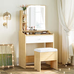 LIKIMIO Small Makeup Vanity Desk with Mirror and Lights, Vanity Table Set with Storage Drawer, Chair and Three Shelves, Bedroom, Wood