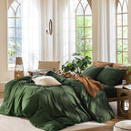 MooMee Bedding Duvet Cover Set 100% Washed Cotton Linen Like Textured Breathable Durable Soft Comfy (Solid Forest Green, Alaska King 132"x120")