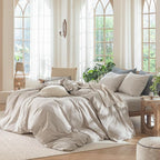 MooMee Bedding Duvet Cover Set 100% Washed Cotton Linen Like Textured Breathable Durable Soft Comfy (Solid Light Tan, Super King 108"x98")
