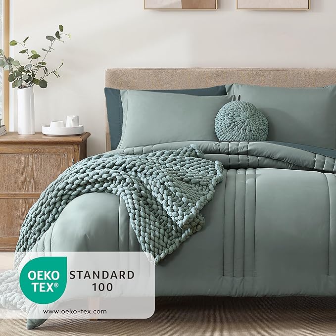 Monbix California King Size Comforter Set - 7 Pieces Bed in a Bag California King, Sage Green Bedding Sets, All Seasons Down Alternative Comforter Bed Set with Sheets, Pillowcases & Shams